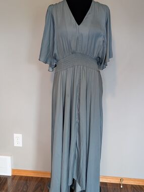 V-Neck Slate Blue-Grey Maxi Dress with Smocked Waist